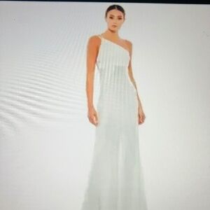 Ieena Mac Duggal One-Shoulder Satin Sheath Gown White